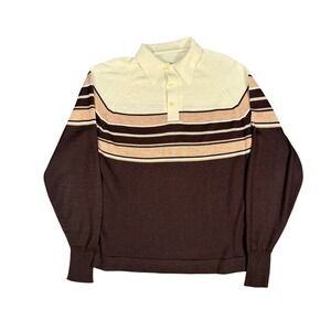 Vintage Mens Sweater Polo Shirt Long Sleeve Striped Beige Brown Size Large